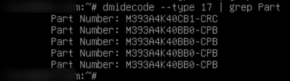 Now · dmidecode on the server: 5 modules, only one at 2400 MT/s.